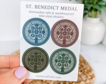 Mini Masculine St. Benedict Medal Sticker Sheet, Set of 4 stickers, Catholic Father's Day gift, Catholic Man Gift, Catholic Priest Gift