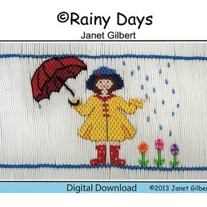 Könnte beinhalten: Ein Kreuzstich-Design mit dem Titel "Rainy Days" zeigt ein Kind in einem gelben Regenmantel und roten Stiefeln, das einen roten Regenschirm im Regen hält. Das Bild enthält blaue Regentropfen, Blumen und den Text "Digital Download".