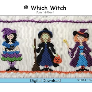 以下が含まれることがあります： 3人のカラフルな魔女の姿が描かれたデジタルダウンロード。魔女たちは紫、青、黒の衣装に身を包み、帽子やアクセサリーを身につけています。「Which Witch」と「Digital Download」の文字も表示されています。
