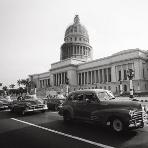 1950&#39;s American Cars outside El Capitilo in Havana Cuba, Black & White Photograph, American Nostalgia, Fine Art Photography