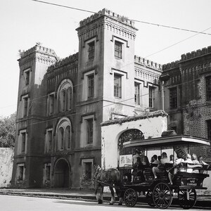 Charleston Black and White Photo, Horse Carriage outside the Old Charleston Jail, Gothic Architecture, South Carolina Photography