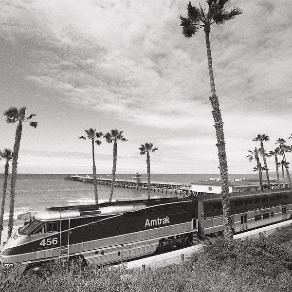 AMTRAK Pacific Surfliner at San Clemente Train Station, California Black & White Photography, California Beach Decor, Train Lovers Gift