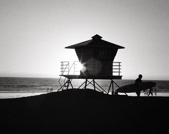 Black and White Beach Photography, Huntington Beach California Sunset, Black & White Coastal Decor