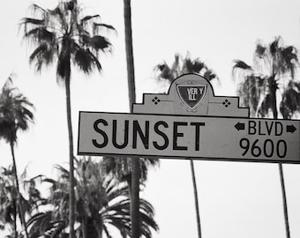 Sunset Blvd Beverly Hills Black & White Photo, Los Angeles Photography, Tropical Wall Decor, Beverly Hills Photo Print