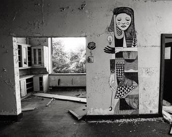 Detroit Michigan Black & White Photography, Abandoned School Graffiti Mural, Michigan Black and White Photography
