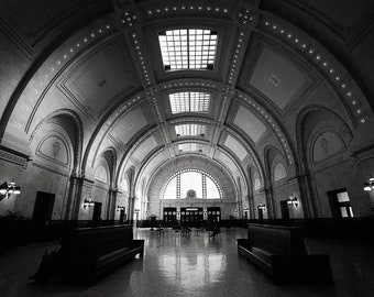 Black & White Photography, Seattle Union Train Station Lobby, Seattle Washington Wall Decor, Union Pacific Railroad