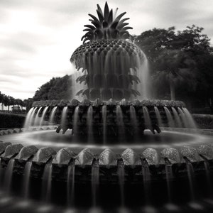May include: A black and white photograph of a large, ornate fountain shaped like a pineapple. The fountain is in a park setting with trees and bushes in the background. The water is flowing from the top of the fountain and cascading down the tiers.