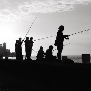 Fishermen along El Malecón, Havana Cuba Black & White Photography, Hotel Nacional de Cuba, Cuban Home Decor