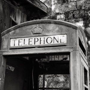 Black and White Photography, Old British Royal Red Telephone Booth, Mokelumne Hill California, Red Payphone Booth