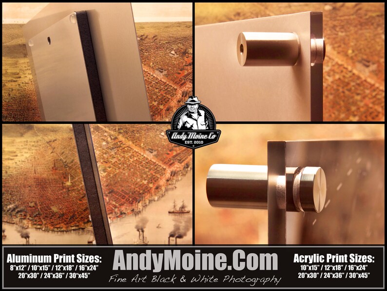 May include: A close-up of two metal wall mounts for hanging artwork. The mounts are made of brushed silver metal and have a cylindrical shape. The mounts are attached to a white wall. The text "AndyMoine.Com Fine Art Black & White Photography" is visible at the bottom of the image. The text "Aluminum Print Sizes: 8"x12"/10"x15"/12"x18"/16"x24" 20"x30"/24"x36"/30"x45" Acrylic Print Sizes: 10"x15"/12"x18"/16"x24" 20"x30"/24"x36"/30"x45" is also visible at the bottom of the image.