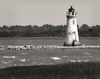 Cockspur Lighthouse Tybee Island Georgia, Black & White Photo, Savannah Black and White Photography, Nautical Home Decor
