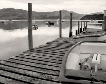 Akaroa Harbour New Zealand Black and White Photography, Fishing Wall Art, Black & White Nautical Decor, Old Row Boats on Fishing Jetty