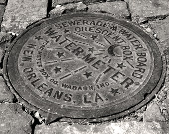 New Orleans Water Meter Cover, Black and White Photography, Crescent City Box Sewer Cover, New Orleans Photo