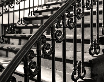 Savannah Georgia Photo, Decorative Curved Iron Staircase, Black and White Photography, Savannah Wall Decor