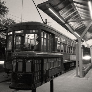 New Orleans Black and White Photography, St Charles Ave Streetcar at Carrolton & Claiborne Ave Terminus, Louisiana Wall Art