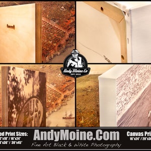 May include: Close-up of the edges of two different types of prints: a maple wood print and a canvas print. The maple wood print has a natural wood grain finish and the canvas print has a white border. Both prints feature a black and white aerial photograph of a city.