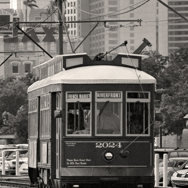 New Orleans Riverfront Streetcar Black & White Photo, JAX Brewery New Orleans, French Quarter Photography