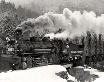 Black and White Train Photo, Durango & Silverton #486 Steam Locomotive, Steam Train Photography, Large Wall Art