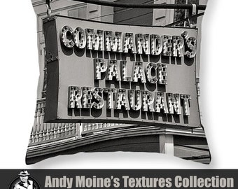 New Orleans Throw Pillow, Black & White Photography, Commanders Palace Restaurant Retro Sign, Commanders Palace New Orleans