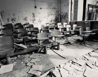 Detroit Black & White Wall Art, Abandoned School Classroom at Hutchins School, Michigan Black and White Photography, Rustic Home Decor