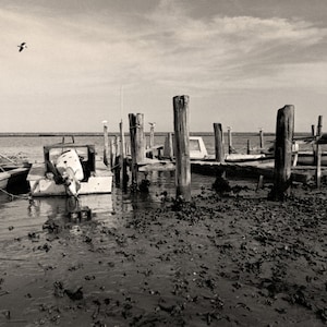 Apalachicola Florida Black & White Photo, Oyster Skiff Fishing Boats, Florida Black and White Photography, Coastal Wall Art