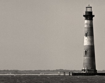 Morris Island Lighthouse, Folly Beach Black & White Photo, South Carolina Beach Decor, Black and White Lighthouse Print