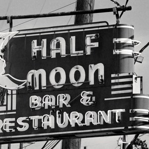 Black and White Photography, New Orleans Half Moon Bar Neon Sign Photo, Dive Bar Decor, Instant Digital Download