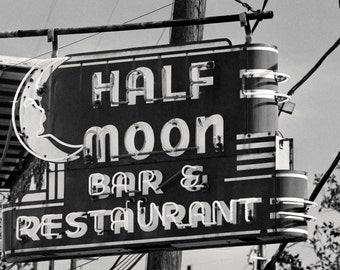 Black and White Photography, New Orleans Half Moon Bar Neon Sign Photo, Dive Bar Decor, Instant Digital Download