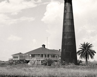 Galveston Texas Black and White Photography, Port Bolivar Lighthouse, Black & White Nautical Decor