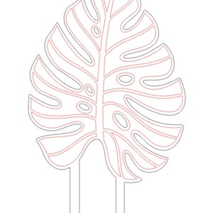 Puede incluir: Un dibujo de línea de una hoja de monstera tropical con dos tallos delgados. La hoja está delineada en gris y los tallos en rojo.