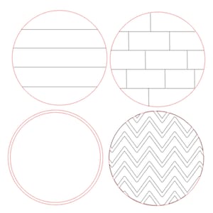 Può includere: Quattro cerchi mostrano quattro diversi motivi. Il primo cerchio ha un motivo a venatura del legno orizzontale. Il secondo cerchio ha un motivo a mattoni. Il terzo cerchio è vuoto. Il quarto cerchio ha un motivo a chevron.