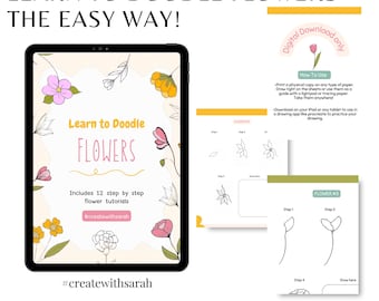 Flower Drawing eBook, 12 Step by Step Tutorials, How to Draw Flowers PDF, Beginner Doodle Guide, Botanical Drawing Lessons, Instant Download