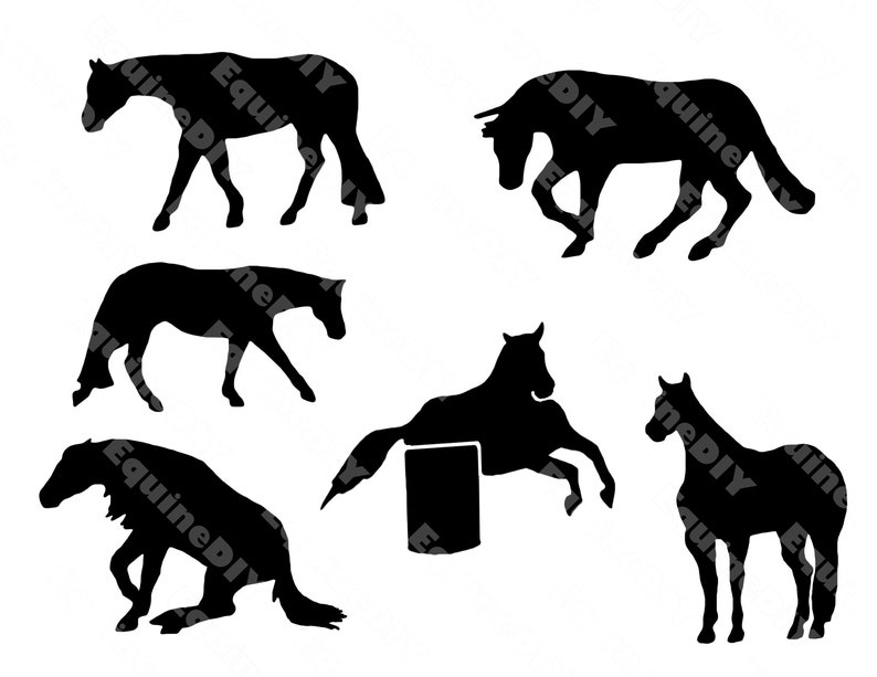 May include: Silhouettes of six horses in various poses, including a horse jumping over a barrel. The horses are all black against a white background.