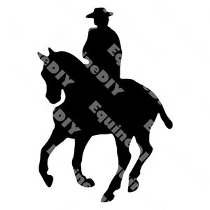 May include: Silhouette of a person riding a horse. The rider is wearing a hat and the horse is in a walking position.
