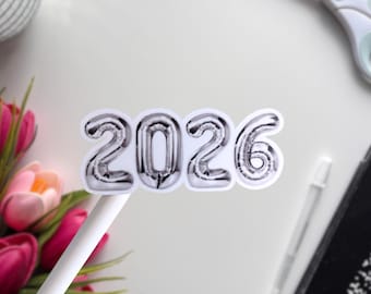 Pegatina de globo plateada 2026 / Pegatina anual mate, resistente a la intemperie para diarios, álbumes de recortes y seguimiento de lectura