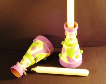 Set of 2 candle holders Handpainted purple Green candleholder Gold candle-holder Green pompoms # 17