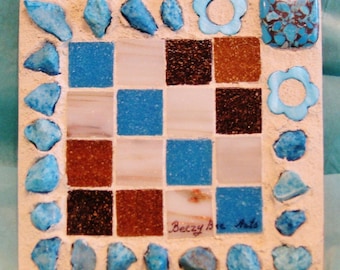 Handmade 4 mosaic coasters with blue accent stones and vitreous tiles, Turquoise drink tiles, Brown coasters with beige blue tiles #C4