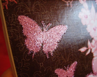 Pink butterfly coaster Brown tiles with glittery pink flowers Pink butterfly drink tile Pink flowers on brown tile #D3