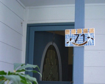 Mosaic Street address House plaque  #71, Custom 2-digit mosaic sign in Stained Glass Mosaic blue with white flower    #  S 4