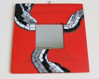 10 inch Red square mirror with black and white tile mosaic. Handmade mosaic red mirror. Abstract black and white  mosaic. # M 2