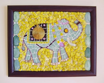 Elephant mosaic wall art, Green and purple Mint-green wall décor Handmade Indian mosaic art purple mint yellow tiles -  # W41