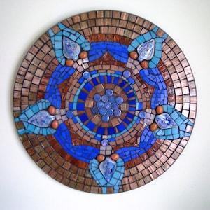 20 &quot; Large Peacock mosaic tile art / Blue wall art /Blue brown glass tiles / Cobalt blue tiles mosaic art / Turquoise mosaic wall art # W 45