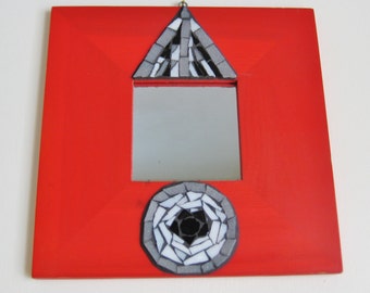 Abstract red mirror with black mosaic. Handmade square red mirror.   Upscaled red mirror  # M 4