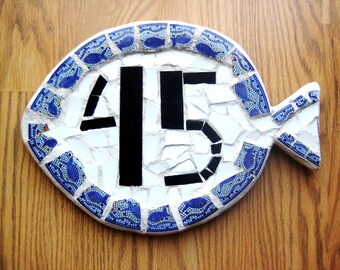 Fish mosaic door plaque Number 45 sign Handmade personalized mosaic fish Aquatic décor Marine wall hanging Garden ornament  # S 2