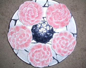 15-inch Pink roses mosaic, Round pink turntable Tray Tabletop with white, black mosaic Mandala with pink rose  # T47