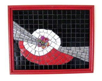 Abstract black and red mosaic wall art. Black white contemporary mosaic. White and black modern  Mosaic red flower # W16