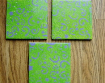 Handpainted 3  backsplash green tile, Purple spiral on green, Green  bathroom tile, Purple kitchen tile # 6