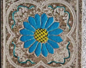Backsplash turquoise flower tile, Handpainted Blue flower on beige, Blue bathroom tile, Beige kitchen tile # 25