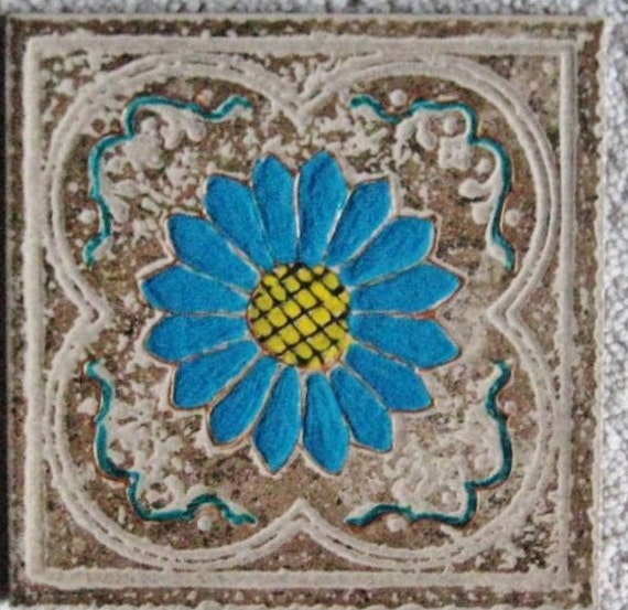 Backsplash turquoise flower tile, Handpainted Blue flower on beige, Blue bathroom tile, Beige kitchen tile # 25