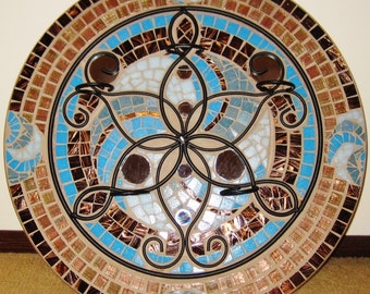 24 ‘’ Large Celtic blue mosaic candleholder/  Big handmade turquoise mosaic Blue brown tile mosaic Spiral evolution mosaic symbol  # W5